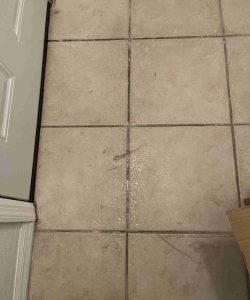 A tiled floor with visible grout lines and some faint marks or stains near a white door and wall corner.