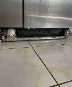 The bottom panel of a stainless steel refrigerator is removed, revealing dust buildup on the inner components.