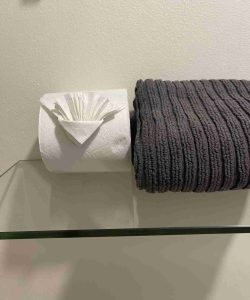 A roll of toilet paper with decorative folding next to a folded dark towel on a glass shelf.