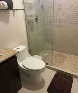 Bathroom with a toilet, brown bath mat, glass shower enclosure, and towels on a glass shelf above the toilet.